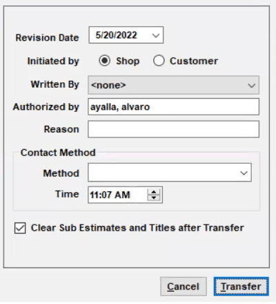 Manager SE revision approval screen shot showing the information recorded.